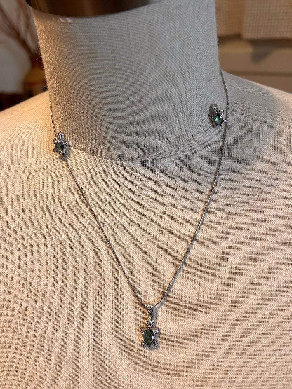 Silver Necklace and Earrings Set with Green Gem Accents
